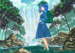 Rule 34 | 1girl, backpack, bag, blue eyes, blue hair, blunt bangs, cucumber, eating, female focus, forest, hair ribbon, hat, kawashiro nitori, matching hair/eyes, mouth hold, nature, rainbow, ribbon, river, rock, solo, standing, touhou, tree, twintails, two side up, wading, water, waterfall, yaten