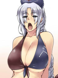 Rule 34 | 1girl, adapted costume, bikini, breasts, cleavage, collarbone, eyes visible through hair, gradient background, grey eyes, hat, huge breasts, long hair, looking at viewer, nurse cap, open mouth, silver hair, solo, sweat, swimsuit, tobisawa, tongue, tongue out, touhou, underboob, upper body, very long hair, yagokoro eirin