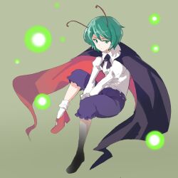 Rule 34 | 1girl, antenna hair, antennae, bifidus (exkagerou8665), black cape, blue shirt, brown background, cape, closed mouth, commentary request, full body, green eyes, green hair, high heels, highres, long sleeves, looking at viewer, one-hour drawing challenge, red footwear, shirt, simple background, socks, solo, touhou, white shirt, white socks, wriggle nightbug