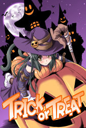 Rule 34 | 1girl, animal ears, ass, belt, bent over, blush, boots, breast press, breasts, brown eyes, castle, cat ears, cat tail, detached sleeves, english text, gloves, green hair, halloween, hat, jack-o&#039;-lantern, large breasts, leaning forward, long hair, milk (tonpuu), original, pantyhose, pumpkin, smile, solo, staff, tail, tonpuu, top-down bottom-up, trick or treat, witch, witch hat