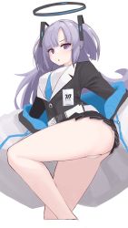 Rule 34 | 1girl, absurdres, black skirt, blue archive, breasts, hair between eyes, hair ornament, halo, highres, id card, jacket, legs, lifted by self, long hair, mona kkkk, open clothes, open jacket, panties, purple eyes, shirt, simple background, skirt, small breasts, twintails, underwear, white background, white panties, yuuka (blue archive)