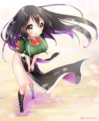 Rule 34 | 10s, 1girl, :o, black footwear, black hair, blush, boots, bow, bowtie, breasts, chikuma (kancolle), from above, full body, kantai collection, knee boots, large breasts, long hair, minami (apricot tea), outdoors, parted lips, pelvic curtain, petals, red bow, red bowtie, solo, standing, wind, wind lift