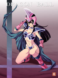 Rule 34 | 1girl, armor, bikini armor, black eyes, black hair, boots, breasts, cape, chi-chi (dragon ball), choker, cleavage, copyright name, dragon ball, female focus, gloves, hand up, helmet, kneeling, long hair, looking at viewer, navel, ogapiyo, salute, shoulder pads, signature, smile, solo, thighs, two-finger salute
