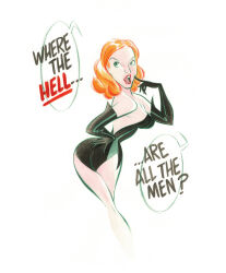 Rule 34 | 1girl, ass, bare shoulders, bill presing, breasts, dc comics, elbow gloves, english text, gloves, green eyes, green gloves, green leotard, highres, leotard, looking back, medium breasts, open mouth, orange hair, poison ivy, simple background, solo, white background