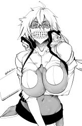 Rule 34 | 1girl, arm under breasts, arrancar, bleach, breasts, commentary request, dark-skinned female, dark skin, gloves, greyscale, hair between eyes, high collar, highres, hip vent, koda1ra, large breasts, long bangs, long hair, looking at viewer, mask, monochrome, mouth mask, navel, sheath, shrug (clothing), solo, tier harribel, twitter username, underboob, weapon, weapon on back