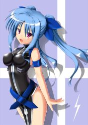 Rule 34 | 1girl, bare shoulders, blue hair, blush, bodysuit, breasts, fang, hair ribbon, long hair, looking at viewer, lyrical nanoha, magical girl, mahou shoujo, levi the slasher, medium breasts, open mouth, purple eyes, ribbon, smile, solo, standing, twintails