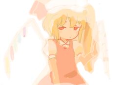 Rule 34 | 1girl, :/, arm at side, backlighting, bad drawr id, bad id, blonde hair, closed mouth, curtain grab, curtains, dress, flandre scarlet, half-closed eyes, hand up, hat, long hair, looking at viewer, mob cap, no nose, oekaki, pinafore dress, puffy short sleeves, puffy sleeves, red dress, see-through, short sleeves, side ponytail, sleeveless, sleeveless dress, solo, tcmk, touhou, upper body, white background, white hat, wing collar, wings