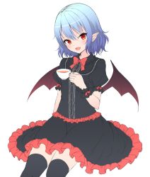 Rule 34 | 1girl, :d, alternate color, bat wings, black shirt, black skirt, black thighhighs, blue hair, blush, bow, bowtie, cup, fang, frilled shirt, frilled shirt collar, frilled skirt, frills, holding, holding cup, junior27016, looking at viewer, open mouth, pointy ears, puffy short sleeves, puffy sleeves, red bow, red bowtie, red eyes, remilia scarlet, shirt, short hair, short sleeves, skirt, skirt set, smile, solo, tea, teacup, thighhighs, touhou, tsurime, white background, wings, wrist cuffs, zettai ryouiki
