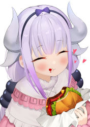 Rule 34 | 1girl, beads, blunt bangs, blush, burger, capelet, closed eyes, commentary request, dragon girl, dragon horns, dress, drooling, eating, food, food on face, hair beads, hair ornament, hairband, heart, highres, holding, holding food, horns, kanna kamui, kobayashi-san chi no maidragon, light purple hair, long hair, low twintails, open mouth, simple background, smile, solo, twintails, upper body, white background, yuya (yuya illust)
