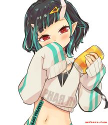 Rule 34 | 1girl, aura (a440), black hair, blue hair, blush, can, commentary request, covering own mouth, demon girl, demon horns, hair ornament, hairclip, hand over own mouth, holding, holding can, horns, long sleeves, looking at viewer, multicolored hair, nanashi inc., official alternate costume, pointy ears, red eyes, shishio chris, shishio chris (2nd costume), short hair, simple background, sleeves past fingers, sleeves past wrists, solo, sugar lyric, two-tone hair, upper body, virtual youtuber, white background