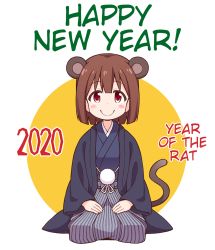 Rule 34 | 1girl, 2020, animal ears, blue kimono, blush stickers, brown hair, closed mouth, commentary request, hard-translated, highres, hozuki momiji, japanese clothes, kemonomimi mode, kimono, long sleeves, looking at viewer, mouse ears, mouse girl, mouse tail, nekotoufu, nengajou, new year, onii-chan wa oshimai!, open clothes, red eyes, seiza, sitting, smile, solo, tail, third-party edit, translated, two-tone background, white background, wide sleeves, yellow background