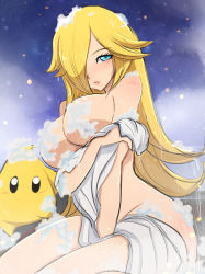 Rule 34 | 1girl, blonde hair, blush, breasts, bubble, censored nipples, closed mouth, convenient censoring, hair over one eye, highres, lips, long hair, looking at viewer, luma (mario), mario (series), medium breasts, night, night sky, nintendo, nude, omiza somi, outdoors, rosalina, sky, star (sky), starry sky, steam, super mario galaxy, towel