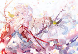 Rule 34 | 1girl, animal, animal on hand, bare shoulders, bird, bird on hand, blonde hair, blue bow, blue eyes, blurry, blurry background, blurry foreground, blush, bow, braid, branch, breasts, commentary request, depth of field, dress, floral print, flower, groin, hair bow, ibara riato, long hair, looking at viewer, off shoulder, original, parted lips, red bow, red ribbon, ribbon, see-through, short sleeves, sleeveless, sleeveless dress, small breasts, smile, solo, standing, thigh strap, veil, very long hair, white dress, white flower, wide sleeves