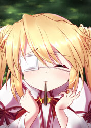 Rule 34 | 1girl, :3, blonde hair, blush, closed eyes, closed mouth, commentary request, day, dress, eyepatch, food, food in mouth, furrowed brow, grass, hair between eyes, hands up, incoming pocky kiss, juliet sleeves, kazamatsuri institute high school uniform, long hair, long sleeves, nakatsu shizuru, one eye covered, outdoors, pink dress, pocky, pocky day, pocky in mouth, pov, puffy sleeves, red ribbon, rewrite, ribbon, school uniform, shirt, solo, tagame (tagamecat), twintails, white shirt