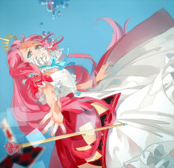 Rule 34 | 1girl, air bubble, alice in wonderland, alternate costume, asphyxiation, breath, bubble, blowing bubbles, card, cosplay, crown, dress, drowning, gown, highres, long hair, megurine luka, open mouth, pink hair, princess, queen of hearts (alice in wonderland), queen of hearts (cosplay), reflection, ruff, solo, staff, underwater, vocaloid, water, weapon, wet, wet clothes, xiayu93