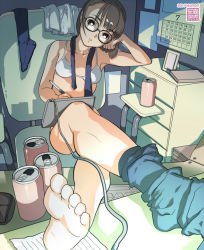 Rule 34 | 1girl, armpits, barefoot, bra, breasts, can, casual nudity, computer, crossed legs, drawing tablet, drink can, feet, fujoshi, glasses, keyboard (computer), lingerie, nude, short hair, sitting, socks, soda can, soles, solo, toes, underwear, yasumori zen