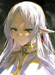 Rule 34 | 1girl, capelet, commentary, dangle earrings, earrings, elf, expressionless, frieren, gold trim, green background, green hair, hair down, highres, jewelry, long hair, looking at viewer, nimiru namire, parted bangs, pointy ears, sousou no frieren, thick eyebrows, upper body, white capelet
