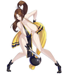 Rule 34 | 1girl, areola slip, arms behind back, bare shoulders, black socks, breasts, brown eyes, brown hair, cleavage, collarbone, covered erect nipples, electricblue, fatal fury, female focus, fighting stance, folded fan, folding fan, hand fan, highres, huge breasts, japanese clothes, loincloth, long hair, ninja, nipple slip, nipples, no bra, no panties, pale skin, ponytail, red eyes, revealing clothes, sagging breasts, shiranui mai, simple background, socks, solo, standing, static808wave, the king of fighters, white background