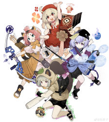 Rule 34 | 4girls, absurdres, alternate costume, animal ear fluff, animal ears, arm up, arrow (projectile), backpack, bag, baseball bat, baton (weapon), beanie, beret, black footwear, black headwear, black shorts, book, boots, bow, bow (weapon), bowtie, brown hoodie, buruma, cat ears, cat girl, cat tail, child, chinese clothes, closed mouth, clothes around waist, compound bow, daruma doll, diona (genshin impact), dodoco (genshin impact), drawing bow, dress, drone, ears through headwear, expressionless, fingerless gloves, floating, floating book, floating object, genshin impact, gloves, green eyes, grey hair, hair ornament, hat, highres, holding, holding bow (weapon), holding weapon, hood, hood up, hoodie, klee (genshin impact), kuji-in, layered dress, leaf, leaf on head, long hair, menthako, multiple girls, neck ribbon, open mouth, pink dress, pink eyes, pink hair, purple hair, qiqi (genshin impact), quiver, raccoon ears, raccoon girl, raccoon tail, red dress, red eyes, red headwear, ribbon, sandals, sayu (genshin impact), shirt, short sleeves, shorts, shoulder bag, simple background, smile, tail, thermos, thick eyebrows, toeless footwear, toes, tongue, tongue out, topknot, v-shaped eyebrows, weapon, weibo watermark, white background