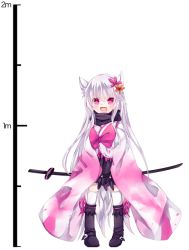 Rule 34 | 1girl, animal ears, bad id, bad pixiv id, blush, cat ears, dress, fang, flower, full body, hair flower, hair ornament, katana, long hair, nonaka, open mouth, original, pink dress, pink eyes, silver hair, smile, solo, sword, thighhighs, transparent background, v arms, very long hair, weapon, white thighhighs, zettai ryouiki