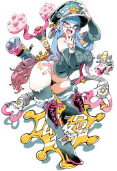 Rule 34 | 1girl, adjusting clothes, adjusting headwear, blue hair, boots, breasts, choker, cross-laced footwear, detached sleeves, elbow gloves, glasses, gloves, grey thighhighs, hat, heart, high heels, highres, kafun, lace-up boots, large breasts, long hair, looking at viewer, motor vehicle, motorcycle, necktie, open mouth, original, panties, pink eyes, police, police hat, police uniform, policewoman, red neckwear, sheriff badge, skindentation, smile, star (symbol), string panties, thigh boots, thighhighs, thong, underwear, uniform, white gloves