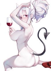 Rule 34 | 1girl, absurdres, alcohol, arm up, armpits, ass, ataruman, bare shoulders, beauty spot, bottle, breasts, closed mouth, completely nude, cup, drinking glass, female focus, helltaker, high heels, highres, holding, holding glass, horns, indoors, large areolae, large breasts, long hair, looking back, lucifer (helltaker), nipples, nude, pale skin, pointy ears, puffy areolae, red eyes, shoes, sideboob, simple background, sitting, smile, solo, tagme, tail, transparent background, white background, white hair, wine, wine bottle, wine glass