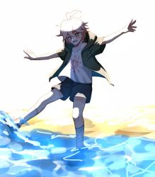 Rule 34 | 1boy, :d, bad id, bad twitter id, beach, blush, collarbone, commentary request, danganronpa (series), danganronpa 2: goodbye despair, foot up, full body, green jacket, grey eyes, hair between eyes, hands up, happy, hood, hood down, hooded jacket, jacket, kneehighs, komaeda nagito, male focus, meipoi, open clothes, open jacket, open mouth, outdoors, outstretched arms, print shirt, shirt, short hair, short sleeves, shorts, smile, socks, solo, wading, water