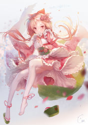 Rule 34 | 1girl, ankle ribbon, apron, blonde hair, blurry, bow, chinese commentary, commentary request, depth of field, dress, floral print, flower, food fantasy, frilled dress, frills, full body, hair bow, hair flower, hair ornament, hair ribbon, holding, holding flower, leaf, leg ribbon, long hair, long sleeves, looking at viewer, low twintails, midair, obi, petals, pink dress, pink eyes, ribbon, ritsuki, sakuramochi (food fantasy), sandals, sash, signature, solo, thighhighs, twintails, white thighhighs, wide sleeves, wrist ribbon, zouri