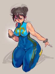 Rule 34 | absurdres, alternate costume, bracelet, brown hair, capcom, chun-li, double bun, earrings, eyeshadow, highres, jewelry, makeup, muscular, muscular female, norasuko, seiza, simple background, sitting, solo, spiked bracelet, spikes, street fighter, thick thighs, thighs, unitard