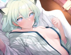 Rule 34 | 1girl, animal ears, bath yukata, blue archive, blush, breasts, closed mouth, fed (giba), green hair, hair between eyes, japanese clothes, kimono, long sleeves, looking at viewer, medium breasts, medium hair, official alternate costume, open clothes, open kimono, pillow, purple eyes, shigure (blue archive), shigure (hot spring) (blue archive), solo, upper body, weasel ears, yukata