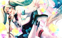 Rule 34 | 1girl, bare shoulders, black skirt, boots, buttons, cube, detached sleeves, double-breasted, dress, dutch angle, eighth note, frilled skirt, frills, from side, hair ornament, hatsune miku, highres, holding, holding wand, leg up, long hair, looking at viewer, looking to the side, magical mirai (vocaloid), magical mirai miku, magical mirai miku (2017), microphone, microphone wand, musical note, musical note print, open mouth, outstretched arm, ponita, skirt, sleeveless, sleeveless dress, sleeves past wrists, smile, solo, thigh boots, thighhighs, twintails, very long hair, vocaloid, wand, white dress, white sleeves, white thighhighs, wings