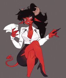 Rule 34 | 1girl, black eyes, black footwear, black hair, black skirt, breasts, breasts apart, collarbone, collared shirt, colored skin, commentary, crossed legs, demon girl, demon horns, demon tail, english commentary, fangs, grey background, high heels, highres, holding, holding paper, holding pen, horns, long hair, long pointy ears, medium breasts, office lady, open mouth, paper, paprika (sweet paprika), pen, pencil skirt, pointy ears, ponytail, punipaws, red nails, red skin, shirt, skirt, solo, sweet paprika (series), tail, white shirt