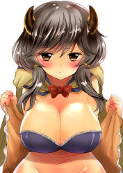 Rule 34 | 10s, 1girl, :&lt;, abi (ababsksk), blush, breasts, cape, cleavage, closed mouth, draph, granblue fantasy, grey hair, groin, highres, horns, kumuyu, large breasts, leaning forward, long hair, orange eyes, simple background, solo, white background