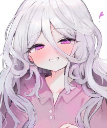 Rule 34 | 1girl, blue archive, blush, buttons, dot nose, hair between eyes, half-closed eyes, highres, hina (blue archive), long hair, looking at viewer, naya (888890tt), portrait, purple eyes, purple shirt, shirt, simple background, smile, solo, teeth, white background, white hair