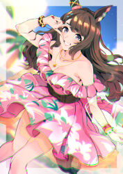 Rule 34 | 1girl, animal ears, arm up, bag, bangle, bare shoulders, bead bracelet, beads, black eyes, blurry, blurry background, bracelet, breasts, brown hair, chromatic aberration, cleavage, commentary, corset, dress, feet out of frame, floral print, grin, highres, horse ears, horse girl, horse tail, jewelry, lens flare, long hair, looking at viewer, medium breasts, necklace, off-shoulder dress, off shoulder, pink dress, red nails, smile, solo, sugarbeat, symbol-only commentary, tail, tosen jordan (aurore vacances) (umamusume), tosen jordan (umamusume), umamusume, v over eye, wristband