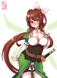 Rule 34 | 1girl, 2018, artist name, blush, breasts, brown eyes, brown hair, cleavage, collarbone, corset, cowboy shot, dated, flower, green skirt, hair flower, hair intakes, hair ornament, hand on own chest, highres, kanon (kurogane knights), kantai collection, large breasts, leafa, long hair, long sleeves, looking at viewer, ponytail, puffy sleeves, voice actor connection, simple background, sketch, skirt, smile, solo, sword, sword art online, upper body, very long hair, weapon, white background, yamato (kancolle)