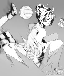 Rule 34 | 1boy, 1girl, alternate costume, artist name, ball, beads, black-framed eyewear, blood, blood from mouth, blood in mouth, breasts, closed mouth, facebook address, facebook username, furrowed brow, glasses, gradient background, greyscale, hair bun, hair ornament, hair stick, hand on another&#039;s head, highres, junkrat (overwatch), kaoruru (sakuno2911), mei (overwatch), monochrome, overwatch, overwatch 1, playing sports, serious, shirt, shoes, short hair, short sleeves, shorts, sidelocks, single hair bun, smile, snowflake hair ornament, sportswear, teeth, twitter username, volleyball, volleyball (object), volleyball uniform, watermark, web address