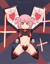 Rule 34 | 1girl, abs, alternate costume, artist name, black thighhighs, blue background, breasts, c-string, clenched hands, closed mouth, crossover, doki doki literature club, frown, heart, heart maebari, highres, jakuzure nonon, kill la kill, legs, life fiber, looking ahead, looking at viewer, maebari, midriff, natsuki (doki doki literature club), navel, pink eyes, pink hair, revealing clothes, short twintails, small breasts, solo, sparkle, strapless bottom, jakuzure nonon (symphony regalia), theartistaurora, thighhighs, thighs, toned, twintails, twitter username
