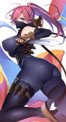 Rule 34 | 1girl, ass, bare shoulders, bodysuit, breasts, dagger, elbow gloves, face mask, from behind, garter belt, gloves, holster, huge ass, kippuru, knife, knife belt, knife sheath, kunai, large breasts, long hair, looking at viewer, mask, ninja, pink eyes, pink hair, ponytail, reverse grip, sheath, shiny clothes, sideboob, skin tight, solo, thigh holster, weapon
