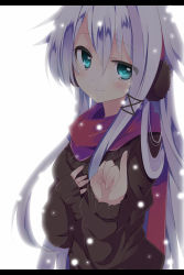 Rule 34 | 1girl, anceril sacred, bad id, bad pixiv id, blue eyes, blush, earmuffs, hair ornament, hand on own chest, highres, letterboxed, long hair, looking at viewer, mishima kurone, original, pinky out, scarf, silver hair, smile, snow, solo, sweater, upper body