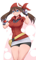 Rule 34 | 00s, 1girl, artist name, bad id, bad pixiv id, bag, bike shorts, blue eyes, breasts, brown hair, collar, creatures (company), dual wielding, female focus, game freak, gloves, grin, hair between eyes, head scarf, highres, holding, holding poke ball, jacket, large breasts, long hair, long sleeves, looking at viewer, may (pokemon), miniskirt, nintendo, parted lips, poke ball, pokemon, pokemon rse, red jacket, short sleeves, simple background, skirt, smile, solo, stormcow, thick thighs, thighs, twintails, white gloves, white skirt, wide hips, zipper