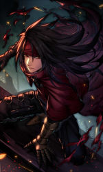 Rule 34 | 1boy, black hair, cloak, embers, final fantasy, final fantasy vii, gauntlets, gloves, headband, highres, holster, long hair, looking at viewer, pointed footwear, red eyes, tomatsukaze, torn clothes, vincent valentine