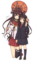 Rule 34 | 10s, 2girls, asymmetrical legwear, bad id, bad pixiv id, black hair, black skirt, black socks, blazer, breasts, brown hair, detached sleeves, flower, hair flower, hair ornament, hand on another&#039;s head, hatsushimo (kancolle), headgear, height difference, high ponytail, jacket, kantai collection, kikurina, kneehighs, kneeling, large breasts, long hair, miniskirt, multiple girls, necktie, oil-paper umbrella, pleated skirt, red eyes, red skirt, sailor collar, school uniform, simple background, single thighhigh, skirt, socks, thighhighs, umbrella, uneven legwear, white background, yamato (kancolle)