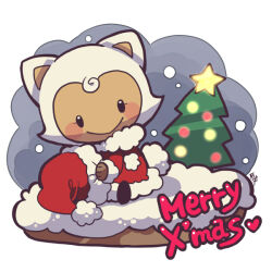 Rule 34 | 1girl, blush stickers, chibi, chibi only, christmas tree, coat, dragon quest, dragon quest x, eyelashes, fur-trimmed coat, fur-trimmed headwear, fur trim, hat, holding, holding clothes, holding hat, kotorai, merry christmas, puklipo, red coat, red hat, santa costume, santa hat, signature, smile, solo, tree