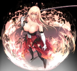 Rule 34 | 1girl, bare shoulders, big.g, black thighhighs, blonde hair, blood, bloody tears, breasts, cleavage, dress, elbow gloves, full body, gloves, highres, holding, holding sword, holding weapon, katana, kiss-shot acerola-orion heart-under-blade, large breasts, long hair, looking at viewer, monogatari (series), oshino shinobu, smile, solo, standing, sword, thighhighs, tongue, tongue out, very long hair, weapon, white gloves, yellow eyes