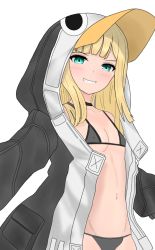 Rule 34 | 1girl, animal hood, atsumisu, bad id, bad pixiv id, bikini, bikini under clothes, black choker, black jacket, blonde hair, blush, breasts, choker, collarbone, commentary request, cosplay, fate/grand order, fate (series), green eyes, grey bikini, grin, groin, hood, hood up, hooded jacket, jacket, long hair, looking at viewer, lord el-melloi ii case files, meltryllis, meltryllis (fate), meltryllis (swimsuit lancer) (fate), meltryllis (swimsuit lancer) (fate) (cosplay), meltryllis (swimsuit lancer) (first ascension) (fate), navel, open clothes, open jacket, penguin hood, reines el-melloi archisorte, simple background, small breasts, smile, solo, swimsuit, v-shaped eyebrows, white background