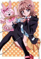 Rule 34 | 1990s (style), 1girl, animal ears, arms up, black jacket, black thighhighs, blush, border, bow, breasts, brown skirt, collared shirt, commentary request, controller, danganronpa (series), danganronpa 2: goodbye despair, dress shirt, ear ribbon, esu (tasoesu), flipped hair, foot out of frame, frilled skirt, frills, gem, hair ornament, hairclip, highres, holding, holding controller, jacket, knees up, large breasts, long sleeves, looking at viewer, medium hair, nanami chiaki, open clothes, open jacket, open mouth, pink bow, pink eyes, pink footwear, pink ribbon, pink skirt, pleated skirt, polka dot, polka dot background, retro artstyle, ribbon, shirt, shoes, skirt, solo, thighhighs, usami (danganronpa), white border
