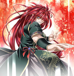 Rule 34 | 1girl, blue eyes, chinese clothes, dragon, fangs, female focus, fighting stance, hong meiling, long hair, pointy ears, red hair, solo, touhou, yoiti