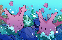 Rule 34 | air bubble, black eyes, bubble, closed mouth, commentary, coral, corsola, creatures (company), english commentary, fish, game freak, gen 1 pokemon, gen 2 pokemon, gen 3 pokemon, highres, looking at another, luvdisc, mjoyart, nintendo, no humans, pokemon, pokemon (creature), shell, shellder, smile, solid oval eyes, swimming, tongue, tongue out, underwater