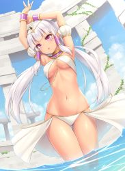 Rule 34 | 1girl, armpits, arms up, bare shoulders, bikini, breasts, cleavage, dark-skinned female, dark skin, detached sleeves, dutch angle, egyptian clothes, gold trim, groin, headdress, highres, long hair, looking at viewer, medium breasts, navel, original, outdoors, parted lips, pink eyes, sasaame, silver hair, solo, standing, stomach, swimsuit, thigh gap, thighs, usekh collar, wading, water, white bikini